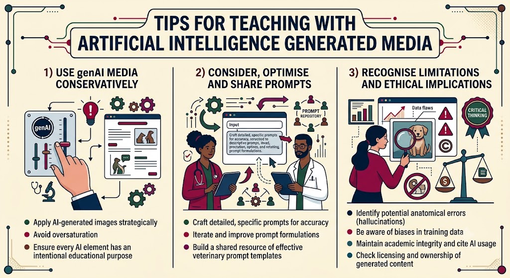 A UoE coloured inforgraphic reiterating the three tips for genAI imagery in teaching: 1) Use genAI media conservatively, 2) Consider, optimise and share prompts, 3) Recognise limitations and ethical implications